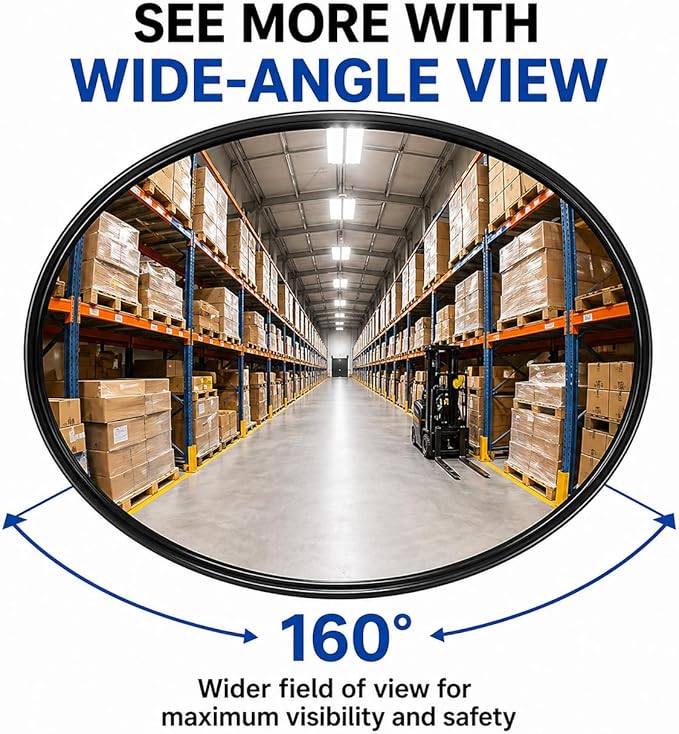 12” Acrylic Convex Mirror, Round Indoor Security Mirror for the Garage Blind Spot, Store Safety, Warehouse Side View, and More, Wall Mirror for Personal or Office Use - Vision Metalizers,Black