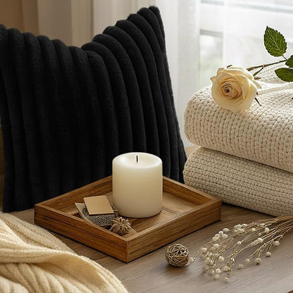 decorUhome Cozy Faux Fur Throw Pillow Covers 26x26 Set of 2 Decorative Soft Plush Striped Modern Farmhouse Boho Couch Euro Sham Pillow Cases with Velvet Back for Sofa Bed Living Room, Black