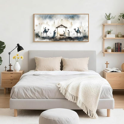 Large Catholic Jesus Nativity Scene Framed Canvas Wall Art Set,Watercolor Holy Birth of Jesus Wall Decor,Trendy Christian Religious Artwork for Living Room,Bedroom,Church-20 x40
