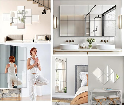 Glass Square Mirror for Wall Decor, 8 x 8 x 4Pcs Frameless Wall Mirror Sheets with 2-Sided Tapes for Bedroom, Bedroom, Vanity, Home Gym, Over Sink, Door, Table Centerpieces, Wall Decor
