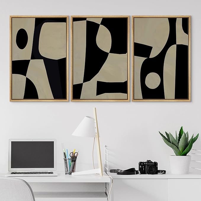 SIGNLEADER Framed Canvas Print Wall Art Set Black Geometirc Block Abstract Shapes Illustrations Minimal Decorative Bohemian Nordic for Living Room, Bedroom, Office - 16"x24"x3 NATURAL