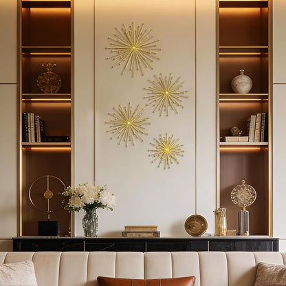 Shimeyao 4 Pcs Metal Starburst Wall Decor Gold Metal Wall Art 3D Spike with Orb Finish Star Burst Hangings Accents Sculptures Set Modern Mid-Century Decorations for Living Room Bedroom Entryway
