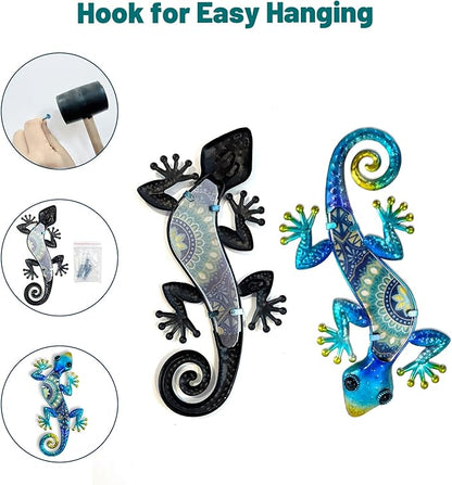 HONGLAND Metal Gecko Wall Art 2Pcs Outdoor Wall Decor 12 Inch Lizard Metal Hanging Wall Decoration Glass Sculpture for Garden Yard Patio Fence Home (Boho Blue)