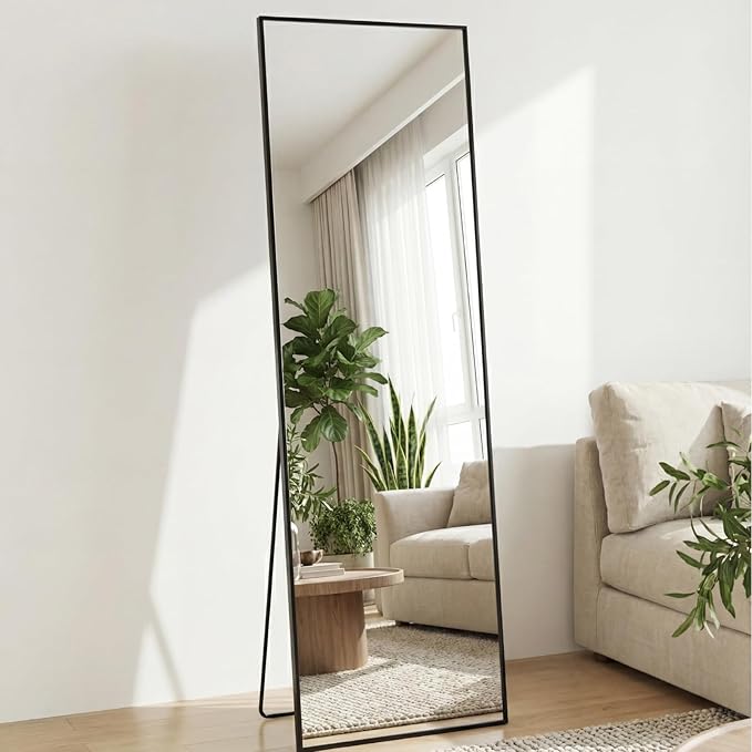 Sweetcrispy 56"x15" Full Length Mirror, Full Body Mirror with Aluminum Alloy Thin Frame, Leaning or Standing, Suitable for Bedroom, Livingroom, Cloakroom, Black