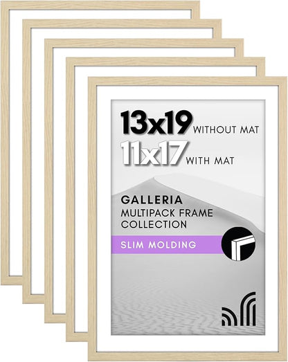 Americanflat 13x19 Picture Frame with Polished Plexiglass - Set of 5 - Use as 11x17 Frame with Mat or Display 13x19 Photo Without Mat - Galleria Collection - Picture Frames for Wall - Natural Oak