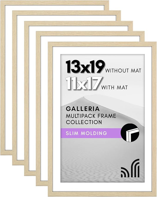 Americanflat 13x19 Picture Frame with Polished Plexiglass - Set of 5 - Use as 11x17 Frame with Mat or Display 13x19 Photo Without Mat - Galleria Collection - Picture Frames for Wall - Natural Oak