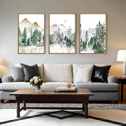 Extra Large Green Forest Mountain Wall Art Watercolor Nature Landscape Framed Wall Decor Boho Pine Tree Painting for Living Room Bedroom Bathroom Office 24x36 Inch Set of 3