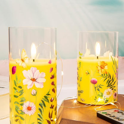 Eywamage Yellow Floral Glass Flameless Candles with Remote, Flickering Spring LED Pillar Candles Battery Operated Home Decor Set of 3