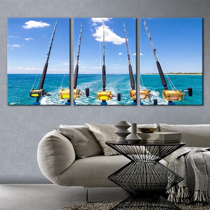3 Pieces Canvas Wall Art Row of Five Fishing Rod and Reel Pictures Blue Seascape Wall Paintings for Living Room Bedroom Fishing Tackle Artwork HD Prints Modern Home Decor Framed - 20"x28"x3 Panel