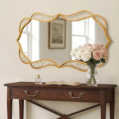 Besdomus Gold Bathroom Large Mirror: 24"x48" Scalloped Modern Large Vanity Mirror for Wall - Farmhouse Decorative Vertical or Horizontal Hanging - Wall Decor for Bathroom/Fireplace/Bedroom/Living Room