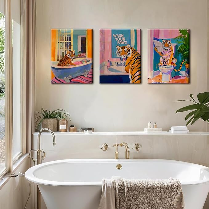 Funny Tiger Bathroom Wall Art Set of 3 Whimsical Tiger in Bathtub Canvas Wall Decor Painting Maximalist Animal Bathroom Poster Print Aesthetic 12x16 inch Framed