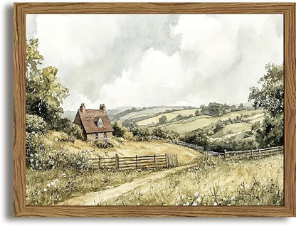 Framed Vintage Canvas Wall Art, Cottage Landscape Wall Decor Paintings, Rustic Farmhouse Pictures Prints Aesthetic Home Decor for Living Room Bedroom Bathroom 8x10 inch
