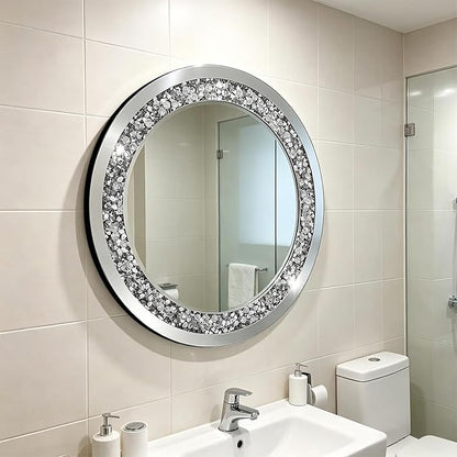 28 Inch Crushed Diamond Round Glass Wall Mirror, Bathroom Mirror, Wall Decoration Hanging Mirror, Suitable for Living Room, Bedroom, Vanity