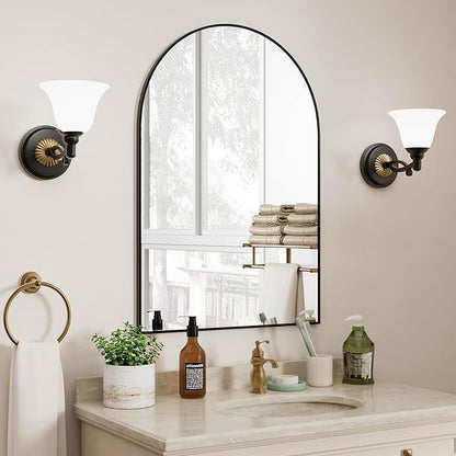 Rowjut Arched Wall Mirror 30"x20"Window Mirrors, Decorative Wall & Iron Framed Bathroom Mirror, Arched Top Wall Mirrors for Entryway. Living Room, Bedroom, Fireplace .（Black