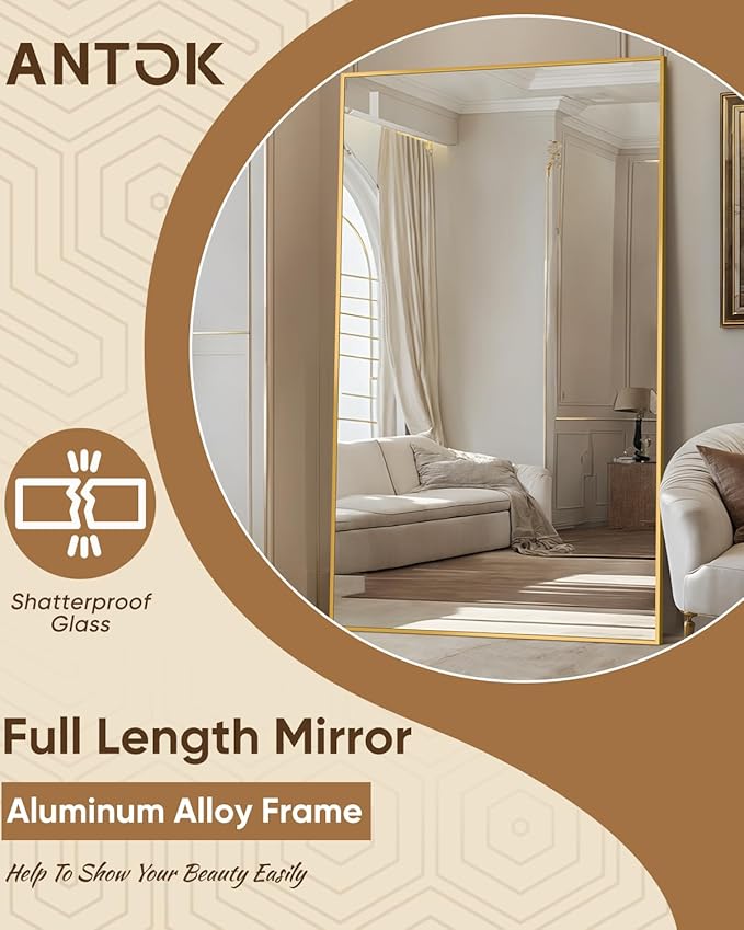 Antok Full Length Mirror, 72"x44" Floor Mirror, Floor Standing Freestanding Full Body Mirror with Stand for Bedroom, Hanging Mounted for Living Room Cloakroom, Gold