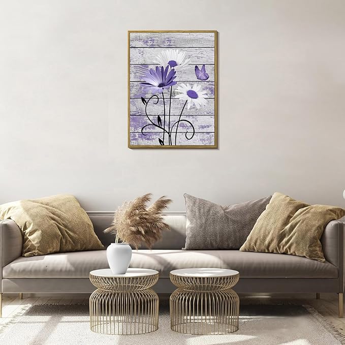 HVEST Farmhouse Purple Floral Framed Wall Art for Living Room, Daisy Butterfly on Rustic Wood Wall Art Nature Plant Flower Pictures for Bathroom Bedroom Office Apartment Decor, 17L X 12W inches