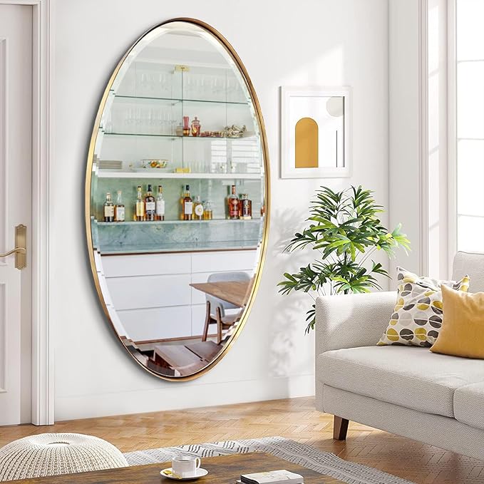 POZINO Oval Beveled Mirror, 28"x48" Brushed Gold Bath Mirror with Stainless Steel Frame, Modern Vanity Wall Mirrors for Living Room Bedroom Hallway Entryway, Hangs Vertically or Horizontally
