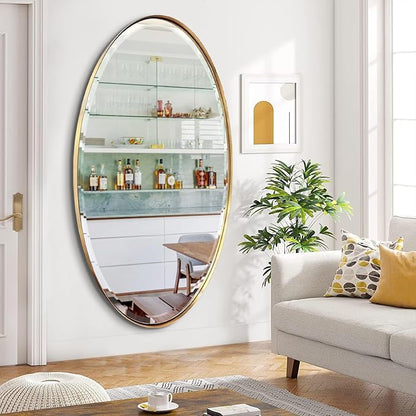 POZINO Oval Beveled Mirror, 28"x48" Brushed Gold Bath Mirror with Stainless Steel Frame, Modern Vanity Wall Mirrors for Living Room Bedroom Hallway Entryway, Hangs Vertically or Horizontally