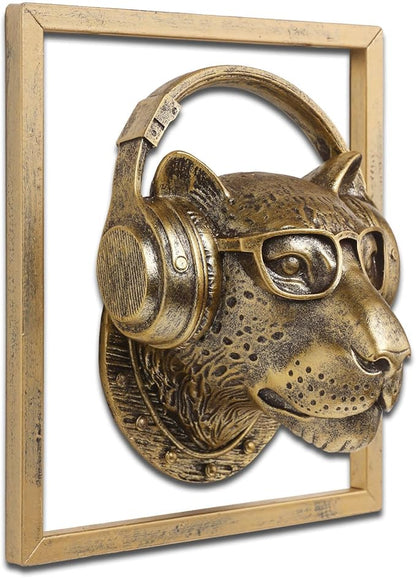 JJALIGHTS Exquisite Resin Animal Head Wall Sculpture (Gift Metal Frame) - Imitation Copper Vintage Decor for Living Room, Bedroom & Office | Decorative Wall Hanging Art (Leopard)