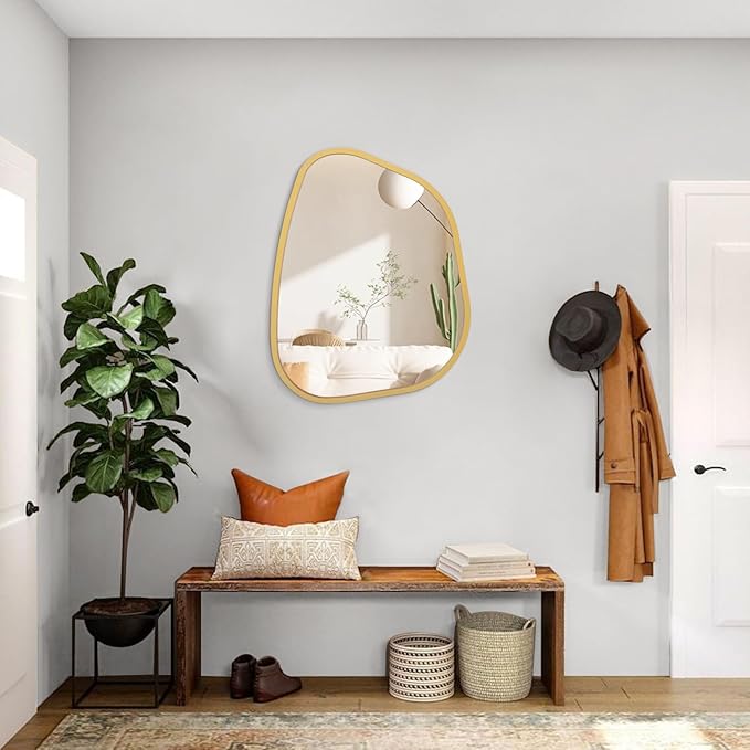 Gold Asymmetrical Mirror Large 20"x16" Irregular Oval Wall Mirror Modern Wood Frame Unique Shape Wall Mounted Vanity Artistic Mirror Decorative for Living Room Bedroom Bathroom Entryway