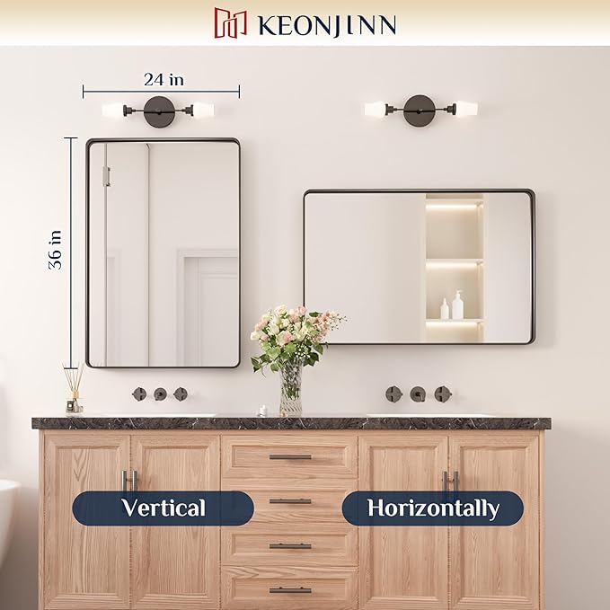 Keonjinn Black Bathroom Mirror for Vanity, 24" x 36" Matte Black Metal Framed Rounded Rectangle Farmhouse Mirror, Tempered Glass, Anti-Rust Sandblasted Finish Decorative Mirrors(Horizontal/Vertical)