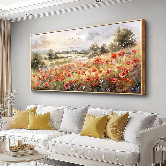 QIYILEXWART Large Wall Decor For Living Room Canvas Wall Art For Office Modern Wall Decorations For Bedroom Red Blooms Field Landscape Painting Farmhouse Pictures Artwork Room Home Decor 24x48 In