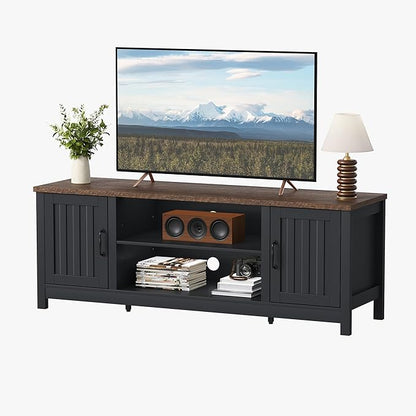ChooChoo 54" Farmhouse TV Stand for TVs up to 65 inches, Entertainment Center with Storage Cabinets, Open Shelves and Fluted Door, TV Console Table for Living Room, Bedroom, Black