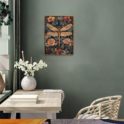 Djmwtb Framed Wall Art Vintage Wall Decor Dragonfly Canvas Art Floral Pictures Botanical Paintings Dark Prints Nature Artwork for Bedroom Living Room
