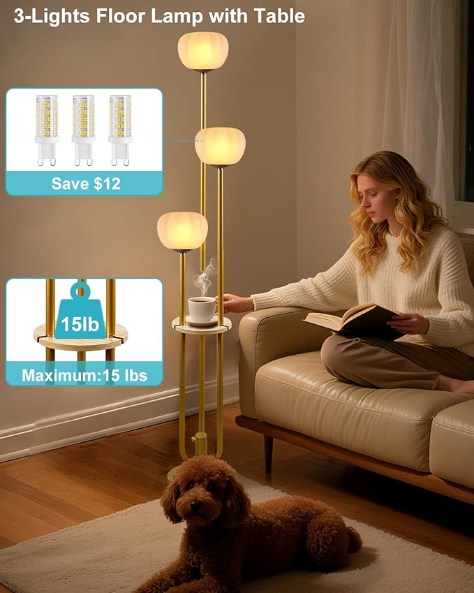 Gold Floor Lamp with Table, Modern Dimmable Floor Lamps with Pumpkin Lampshade, 3000K Soft Warm White Bulbs Included, 3-Light Tall Standing Lamp with 5Lbs Heavy Base for Living Room/Bedroom