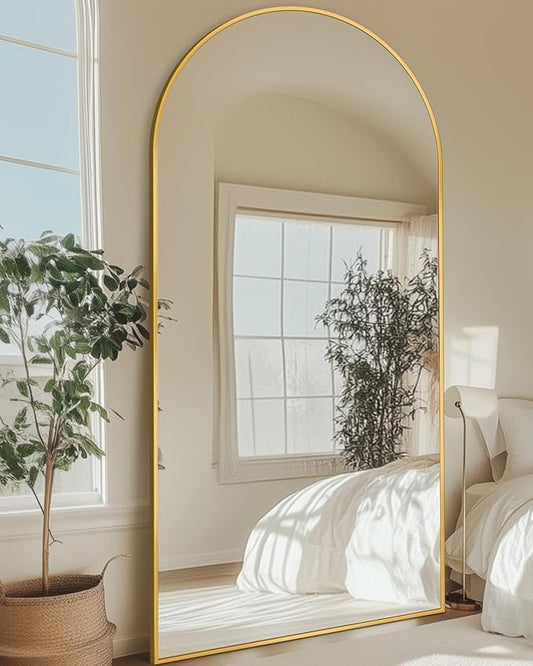 Full Length Mirror with Stand, 78"x38" Arched Full Body Mirror, Large Stand Up Mirrors, Aluminum Frame Floor Standing Mirrors, Freestanding Hanging Leaning Mounted for Bedroom Living Room, Gold