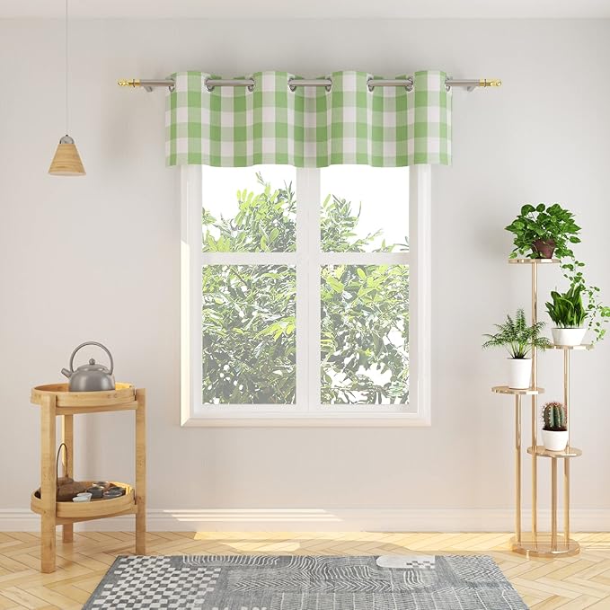 3 Pc Cotton Classic Country Farmhouse Kitchen Window Curtain Grommet Top -Mint Green & White Buffalo Check Tier & Valance Set, 54" x 18" / 32" x 30"