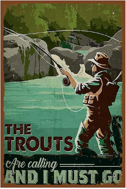 Vintage-Sign Rustic-Poster Wall-Art Fishing-Lovers, the Trouts are Calling, Funny Decor Gift Accessories Plaque for Home Farm Fence Bathroom Bedroom 8 X 12 Inch