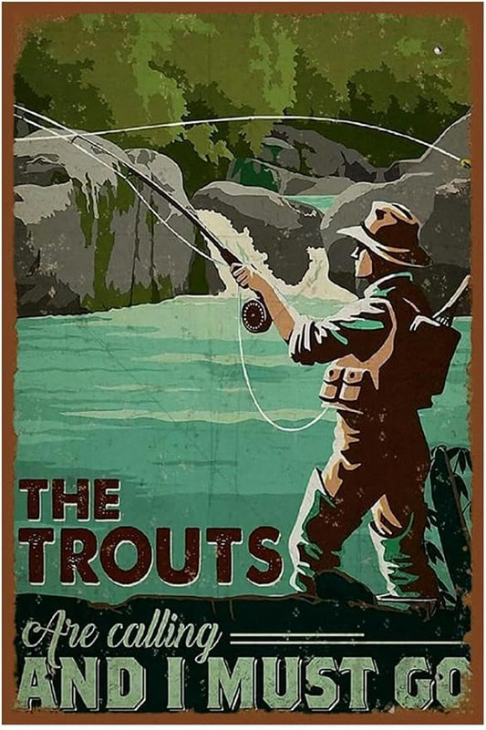 Vintage-Sign Rustic-Poster Wall-Art Fishing-Lovers, the Trouts are Calling, Funny Decor Gift Accessories Plaque for Home Farm Fence Bathroom Bedroom 8 X 12 Inch