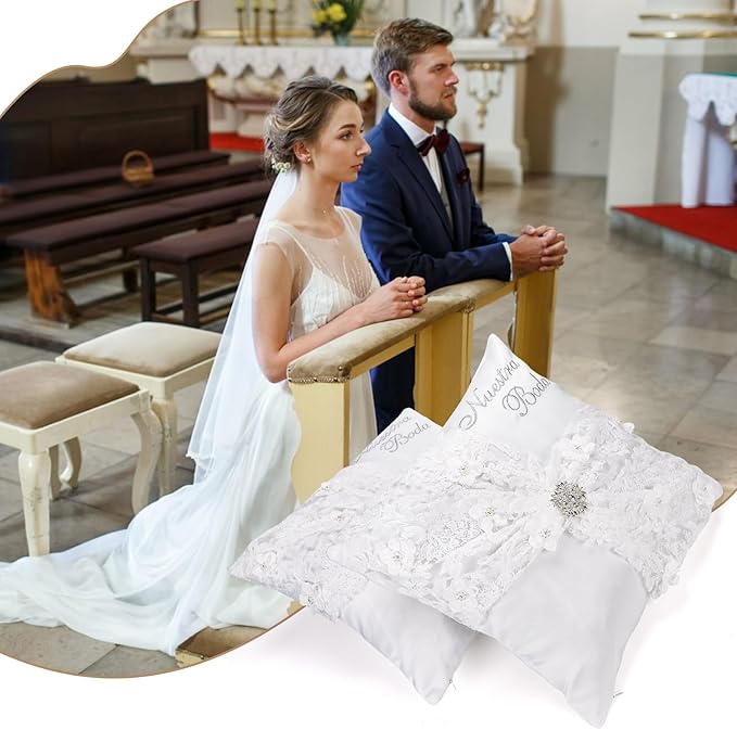 Nuestra Boda Wedding Kneeling Pillows Cover Set of 2, 16 x 16 Inch Embroidered Prayer Pillow for Kneeling, Satin and Lace White/Silver, Decoracion for Bodas