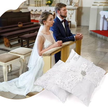 Nuestra Boda Wedding Kneeling Pillows Cover Set of 2, 16 x 16 Inch Embroidered Prayer Pillow for Kneeling, Satin and Lace White/Silver, Decoracion for Bodas