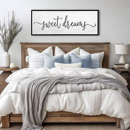 Sweet Dreams Wall Decor Above Bed Sign 32''×12'' Large Wood Framed Master Bedroom Guest Room Sweet Dreams Signs Farmhouse Rustic Wall Art Decoration (Black)