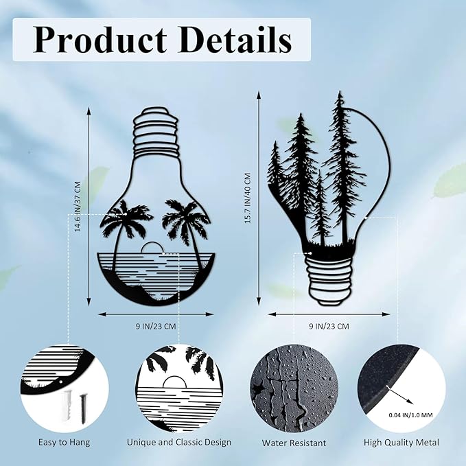 ESTART Metal Pine Tree Wall Art, Metal Bulb Wall Decor, Nature Rustic Farmhouse Cabin Decor, Forest Wall Art for Home Living Room Bedroom Office Indoor and Outdoor Decoration (Black)