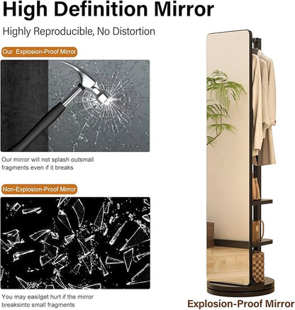 WoodsWhisper Full Length Mirror Coat Rack Solid Wood Floor Mirror 70"x16" Full Length Mirror with Stand Long Mirrors for Bedroom,Living Room (Black, 70" L x 16" W)