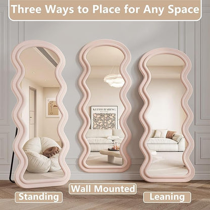 Wavy Full Length Mirror, 63"x24" Flannel Mirrors Full Length with Stand, Full Boby Mirrors for Bedroom, Living Room, Cloakroom, Hanging Leaning Wall Mirror, Pink