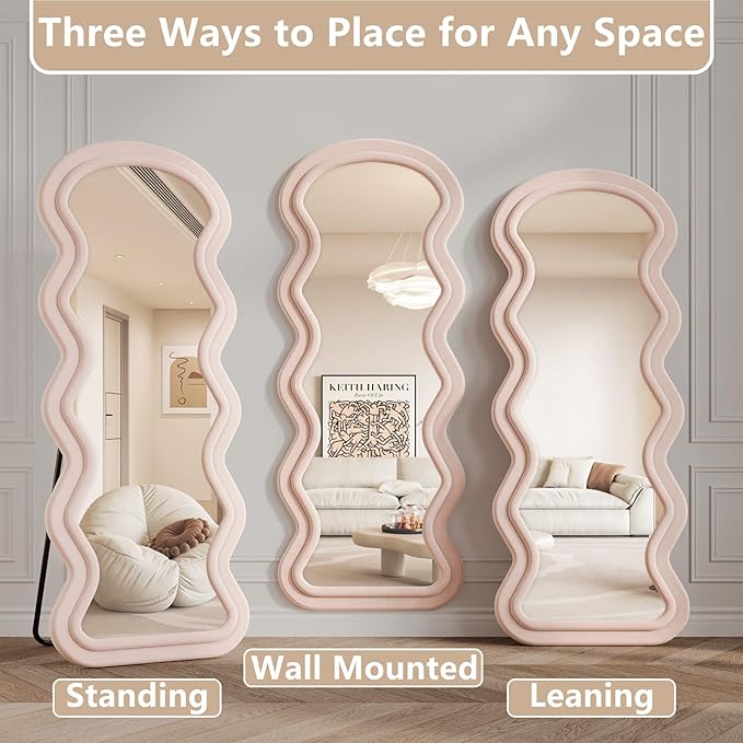 Wavy Full Length Mirror, 71"x32" Flannel Mirrors Full Length with Stand, Full Boby Mirrors for Bedroom, Living Room, Cloakroom, Hanging Leaning Wall Mirror, Pink
