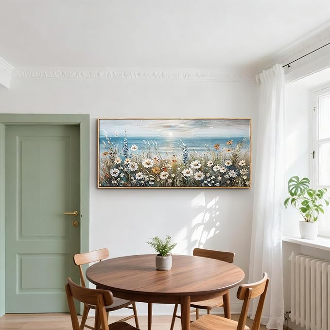 SERIMINO Floral Wall Decor, Extra Large Wall Art for Living Room, Coastal Wall Art, Framed Artwork for Walls, Sunrise Landscape Big Canvas Prints, Daisy Flower Painting Office Hotel Hallway 32"x71"