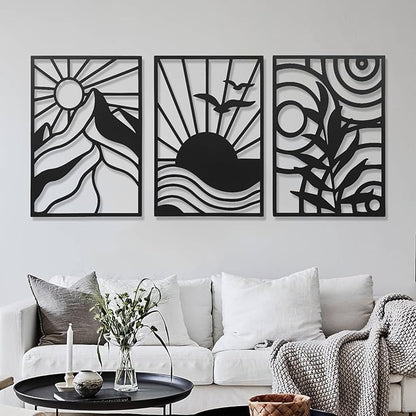 AMAATE Black Metal Wall Art, 3 Pieces Minimalist Geometric Wall Decor, Modern Abstract Line Art Sculpture for Living Room Bedroom Office, Boho Home Decor with Mountain, Sunset, Plant Design 14.6" X 22.5" in