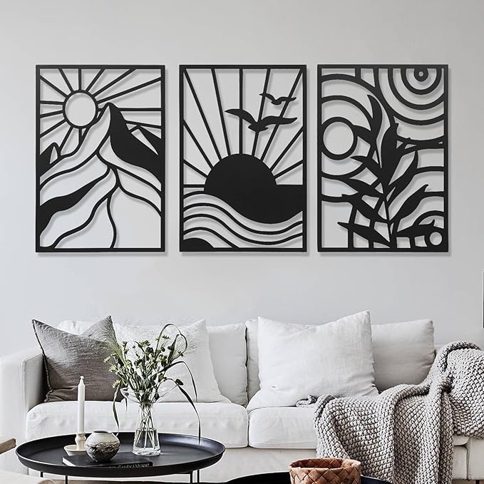 AMAATE Black Metal Wall Art, 3 Pieces Minimalist Geometric Wall Decor, Modern Abstract Line Art Sculpture for Living Room Bedroom Office, Boho Home Decor with Mountain, Sunset, Plant Design 17.7 inches X 26.4 inches