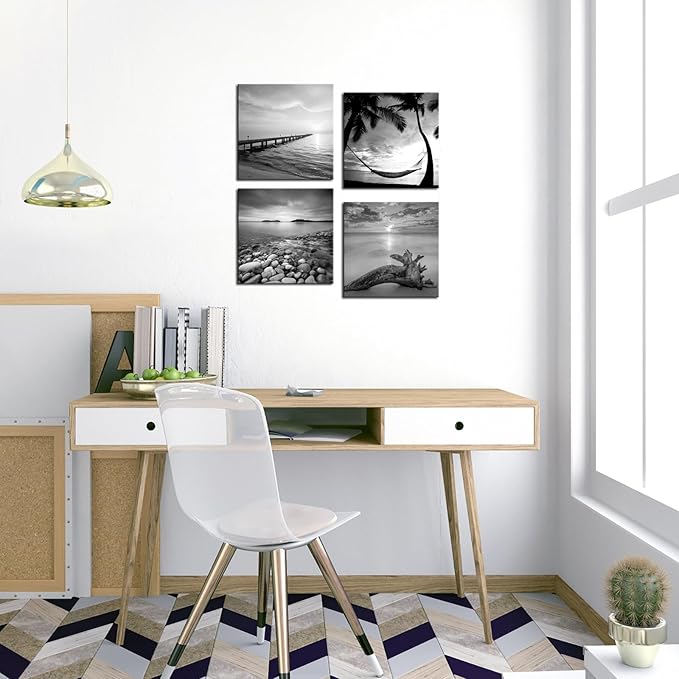 sechars - Black and White Beach Wall Art Seascape Painting Sunrise Scenery Picture Giclee Canvas Print Framed for Living Room Bedroom Bathroom Home Office Wall Decoration