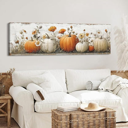 Large Pumpkin Wall Art Fall Wall Decor Farmhouse Kitchen Pictures Wall Decor Autumn Pumpkins Leaves Canvas Prints Painting Rustic Botanical Poster Artwork for Bedroom Living Room Decoration 14x48”