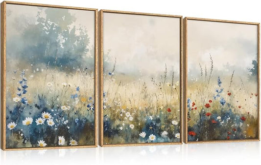 Nature Wildflower Framed Canvas Wall Art Set, Pastoral Landscape Wall Decor, Colorful Meadow Wall Painting, Rustic Floral Art Print for Living Room, Bedroom, Office - 24"X36"X3