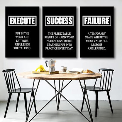 Inspirational Wall Art Success Quote Canvas Painting Motivational Decor Execute Failure Definition Picture 3 Pieces Black Positive Poster Prints Framed Artwork for Living Room Office [48''W x 24''H]
