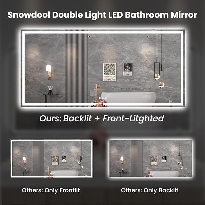Snowdool 88"X38" LED Bathroom Mirror with Front Lights and Backlit, Anti-Fog, Dimmable, Shatter-Proof Tempered Glass, Lighted Bathroom Vanity Mirror for Wall with 3 Colors, Memory Function