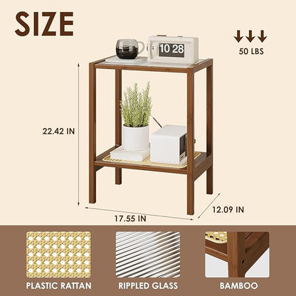 Bamworld Rattan Side Table Living Room Glasstop Night Stand Boho End Table 2-Tier with Storage Mid Century Modern Bedside Table for Small Spaces Narrow Coffee Table Bamboo