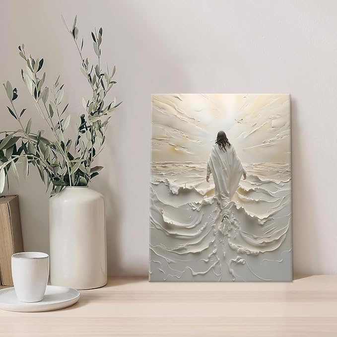 Abstract Jesus Walking on Water Canvas Wall Art Christian Spiritual Wall Decor Pictures Divine Light Modern Religious Posters Prints for Living Room Bedroom Prayer Room Home Decor 8x10 In canvas